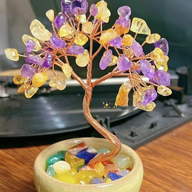 1PC Crystal Colorful Tea Cup Base Fashion Copper Wire Wrapped Natural Feng Shui Trees Home Decor Tabletop Ornaments