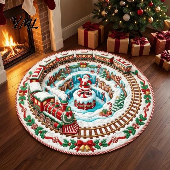 Durable Entrance Rug for Winter Round 3D Christmas Rug, Vortex Optical Illusion Area Santa Snowman Staircase Easy to Clean Holiday Depth Pattern,