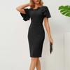 Women's Round Neck Short Sleeve Solid Color Bag Hip Slimming Bow Temperament Dress