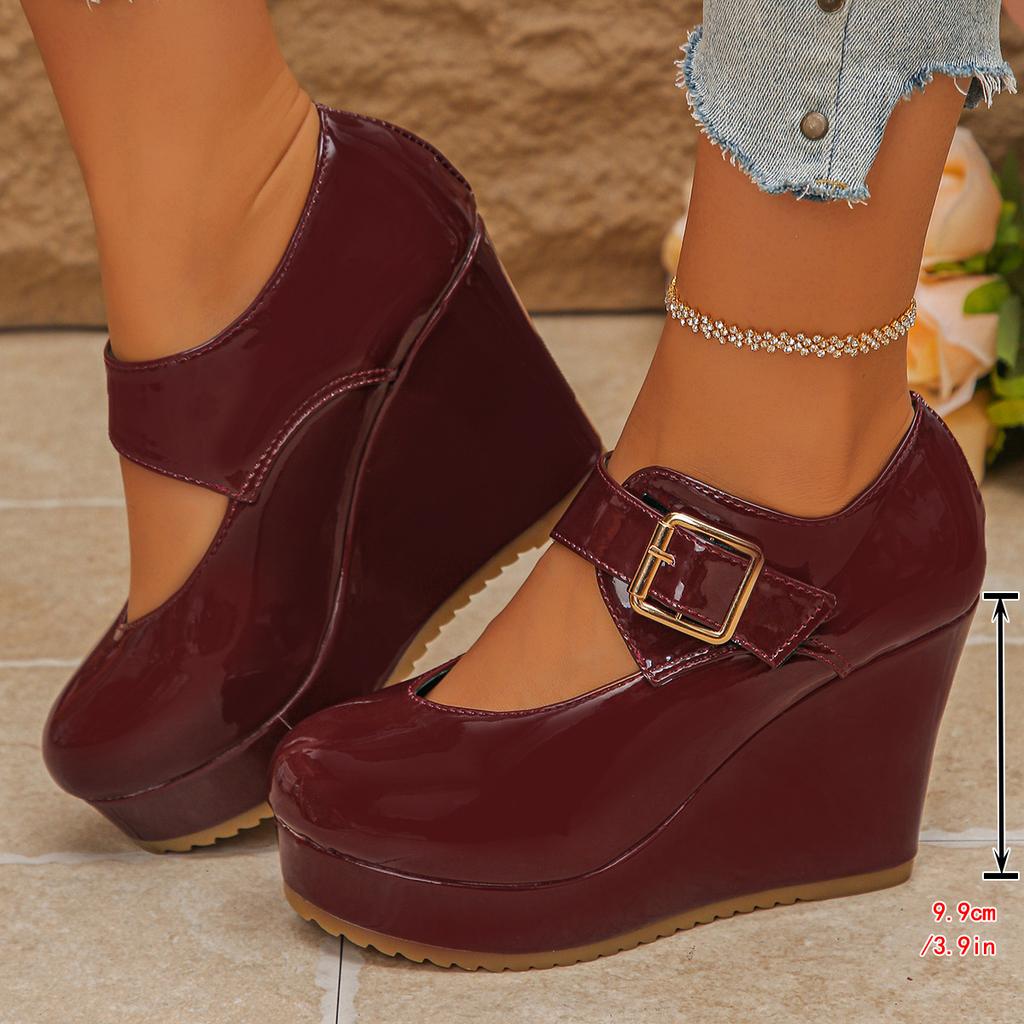 Large size wedge heel casual flats, hooked buckle, thick-soled round-toe flats, in-stock women's one-hook shallow flat-top flats