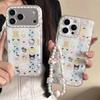 Glitter Cartoon Cat iPhone 15 Pro Max/17 Pro Case with Pearl Bracelet for Women