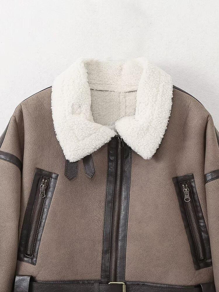 Женская мода толстая теплая искусственная овчина куртка пальто винтажная с длинным рукавом пояс подол женская верхняя одежда