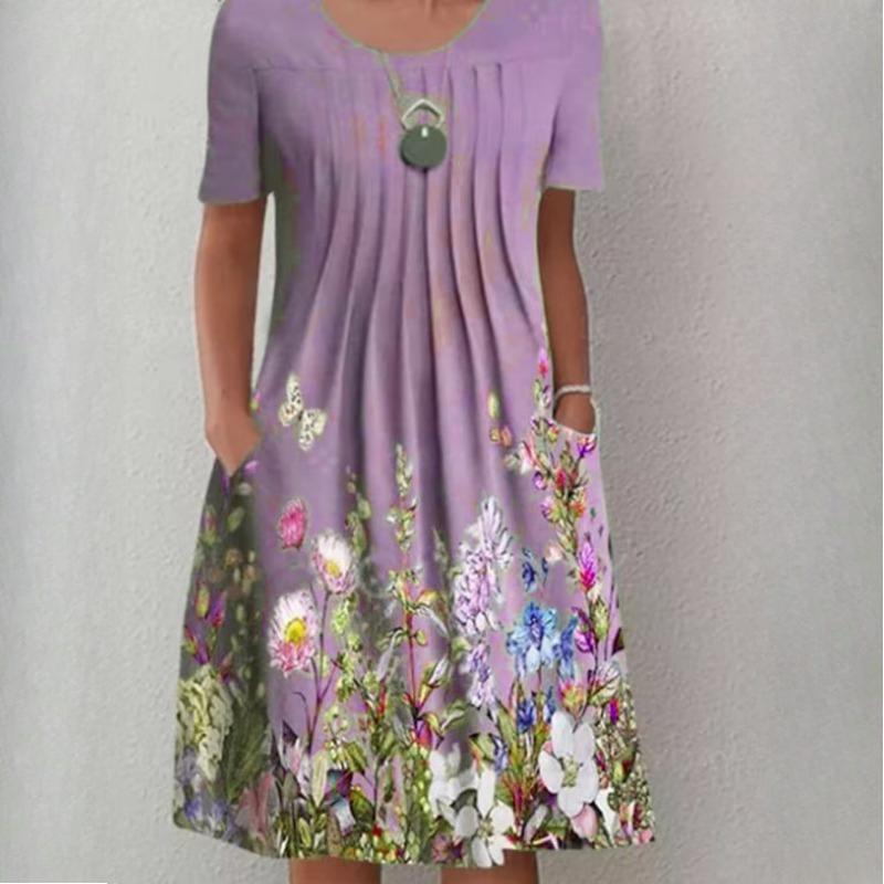 Женская мода лето весна однотонный принт с коротким рукавом и круглым вырезом с высокой талией повседневные платья