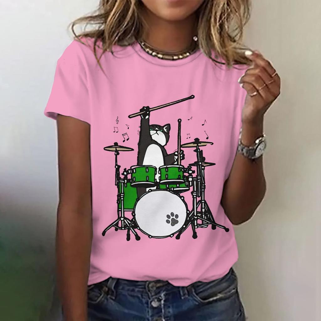 Женская модная футболка с круглым вырезом, летняя одежда, забавная повседневная футболка с коротким рукавом и принтом кота, модная свободная футболка, женская одежда