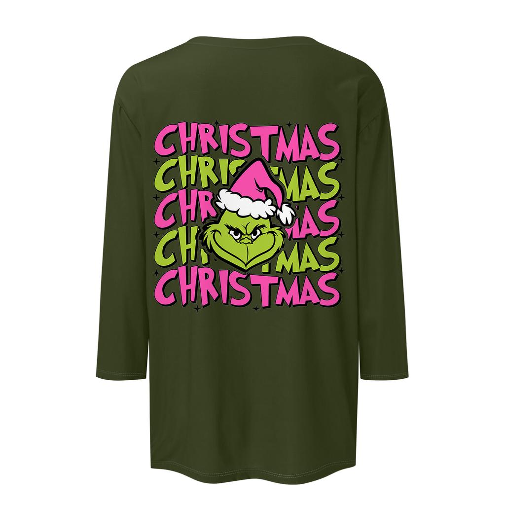 3/4 Sleeve Tops For Women T-Shirt Casual Christmas Print Tops T Shirt Round Neck Pullover Blouse