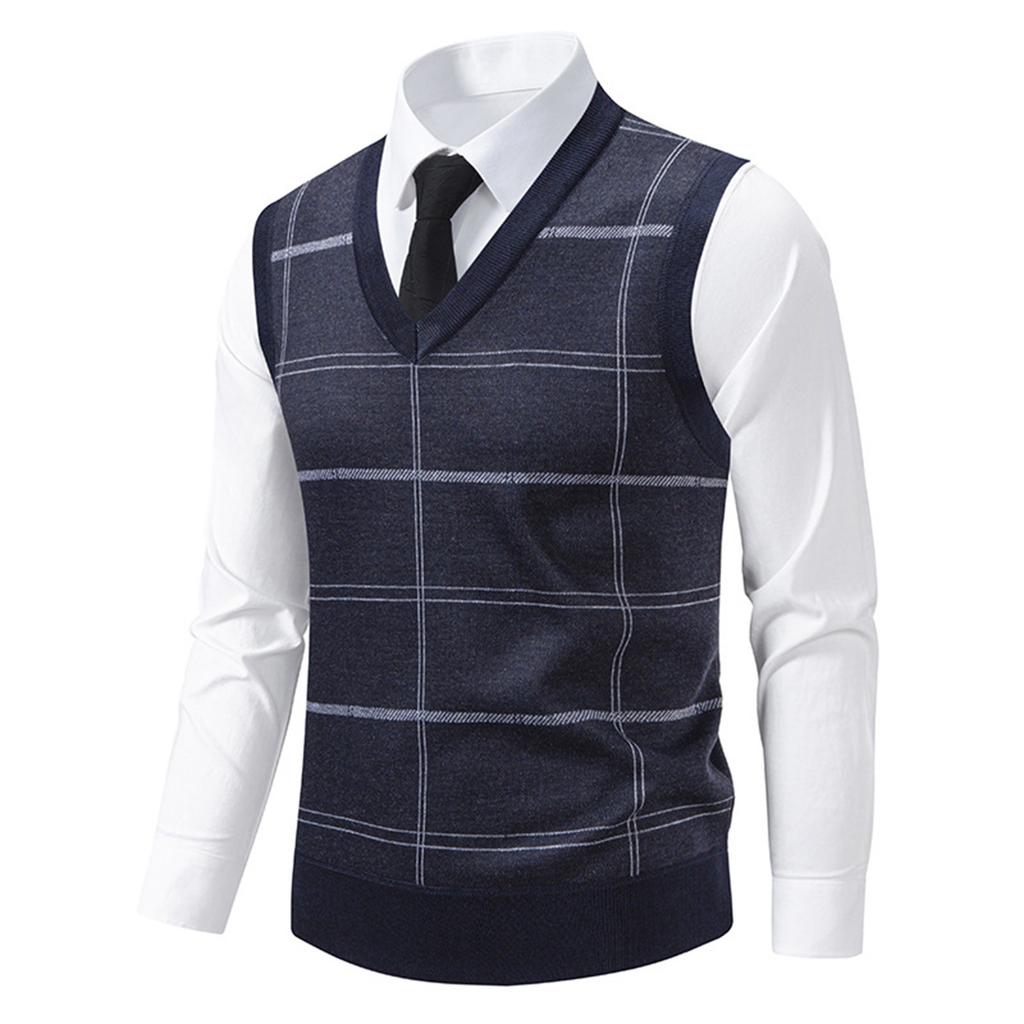 Men's Winter Fleece-Lined Plaid Vest, Pullover, Loose-Fitting Men's Sleeveless Sweater Vest