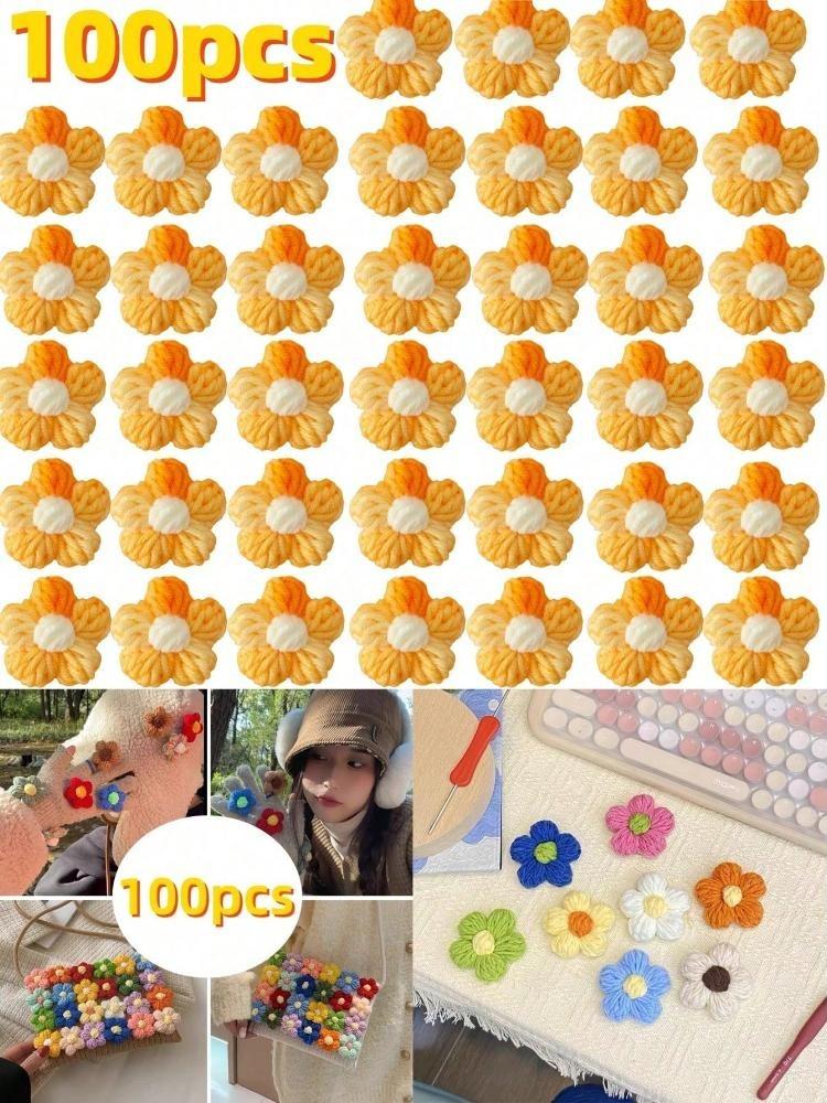 100Pcs Crochet Flowers Puff Flower Gradient Color Knitted Handmade Crochet Flowers for Crafts Embellishment DIY Hair Headband Hat Clothing Accessories