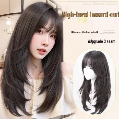 Женский полный парик, Реалистичная бесшовная невидимая шапочка, Тонко подстриженные высокослоистые объемные длинные прямые волосы