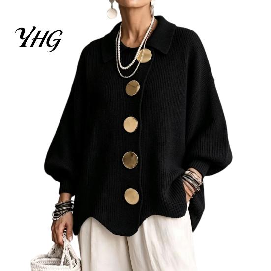 Long Sleeve Sweater Women Oversized Knit Cardigan Sweater, Collared Top with Large Metal Casual Buttons, Loose Lantern for Spring Autumn