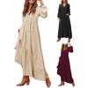 Women's Casual Maxi Dress V-Neck Loose A-Line Pleated Dress Long Sleeve Retro Cotton Linen Dress for Work Street Vacation
