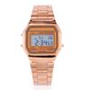 Digital LED Back Light Electronic Stainless Steel Strap Watch Rectangle Wristwatch (Rose Gold)