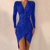 2022 Cross-border Women's Sexy V-neck Solid Color Bronzing Sequins Pleated Irregular Hem Dress Dress Skirt