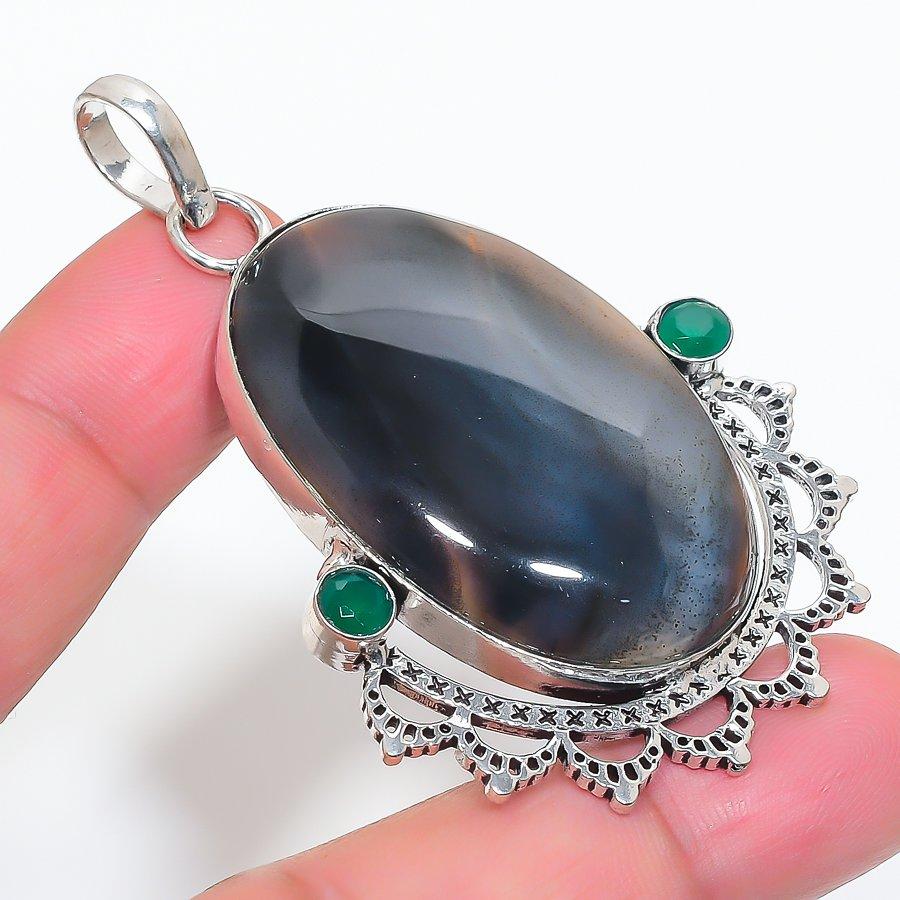 Natural Banded Agate, Diopside 925 Sterling Silver Jewelry Pendant 2.60" G3i02