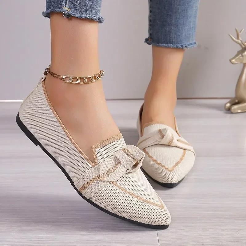 Women's Pointed Toe Flat Shoes Mixed Color Knitted Slip On Shoes Casual Breathable Ballet Flats Woman Flat Shoes Female Loafers