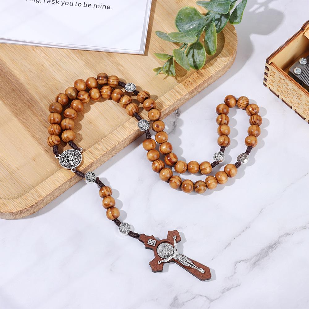 Подарки Католическая молитвенная цепочка Деревянные бусины Ожерелье Ожерелье с крестом Ожерелье-розарий Подвеска-крест