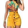 Casual Summer Beach Women Solid Color Belted Buttons High Waist Shorts Hot Pants