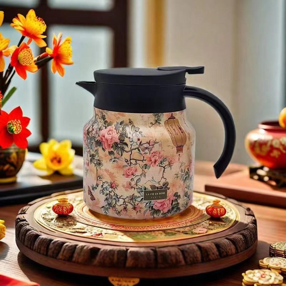 Chinese Style Retro Flower Insulated Kettle Hot Water Stainless Steel Vacuum Flask Vintage Floral Printing Water Cup for Outdoor