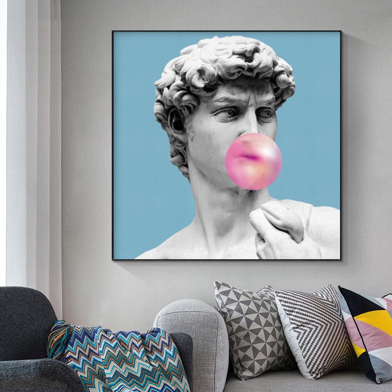 Современные картины «Дэвид, дующий розовый пузырь», холст, картина для декора гостиной, настенный художественный принт, скульптура Дэвида, принты, Куадрос