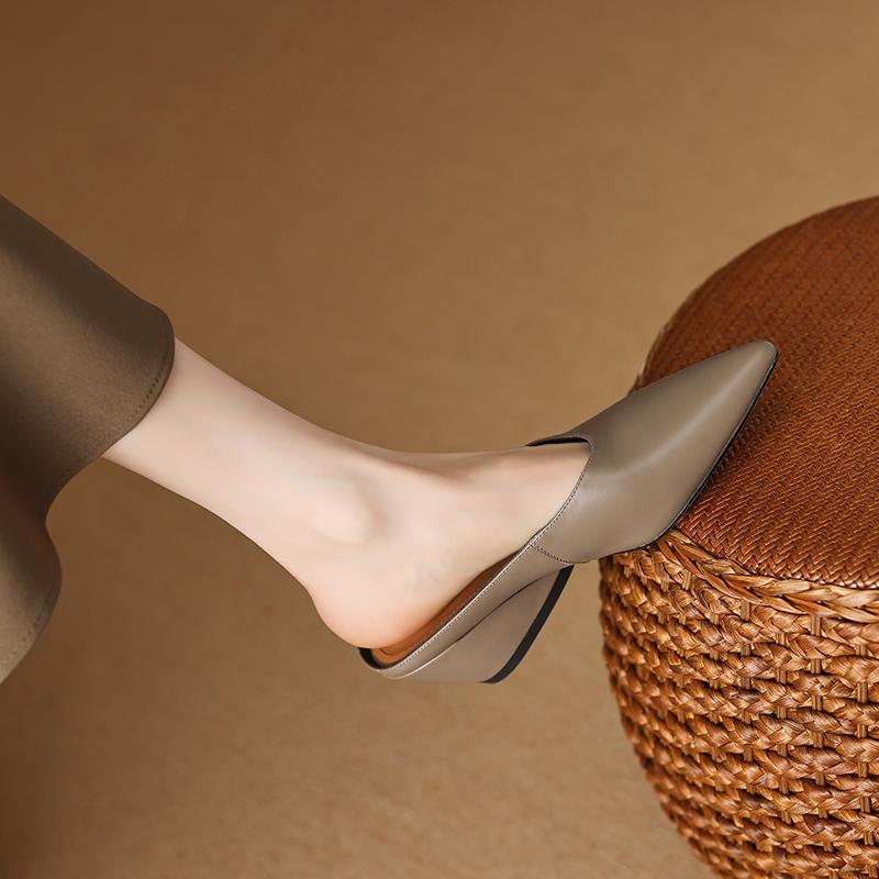Fashion 2025 Summer Women Shoes Genuine Leather Pointed Toe Women Sandals Solid Modern Sandals for Women Shaped Heel Women's Mules Shoes