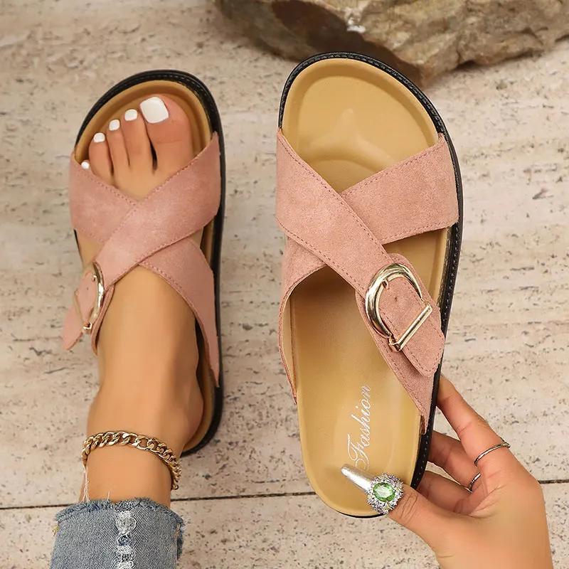 Fashion Retro Cross Band Flat Sandals for Women Buckle Decor Thick Sole Platform Slippers Woman 2025 Summer Comfort Non Slip Beach Shoes