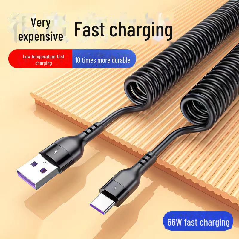 Spring-loaded 5A Fast Charging Cable for Apple & Android - Tangle-Free USB for Car Storage