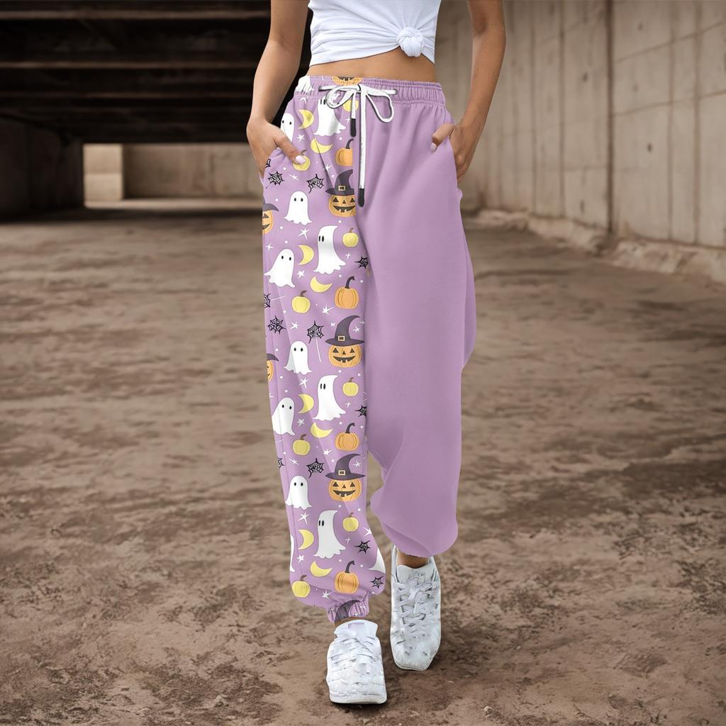 Женские повседневные брюки с принтом на Хэллоуин, эластичные брюки с завязками на талии