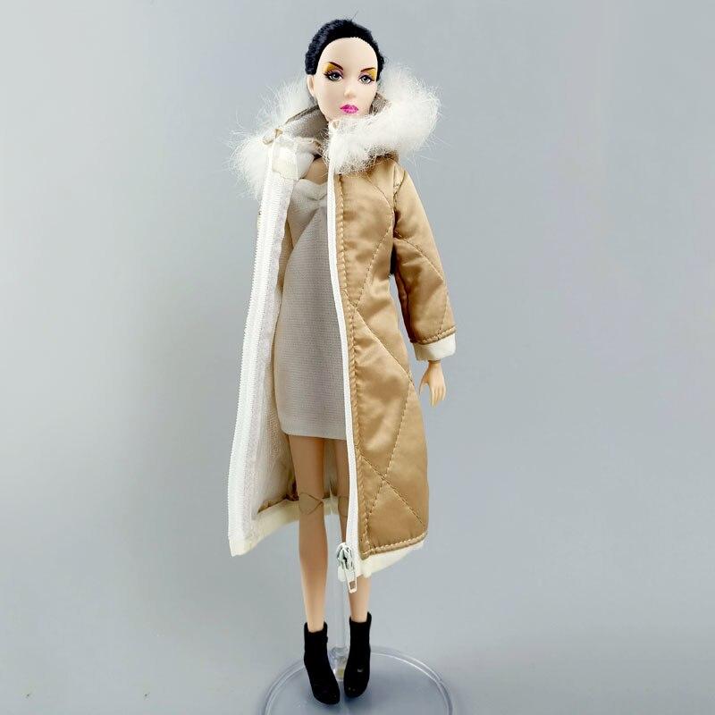 Зимнее шампанское длинное пальто на молнии с шапкой наряды одежда для кукол Барби куртка одежда для 1/6 куклы BJD аксессуары для детей