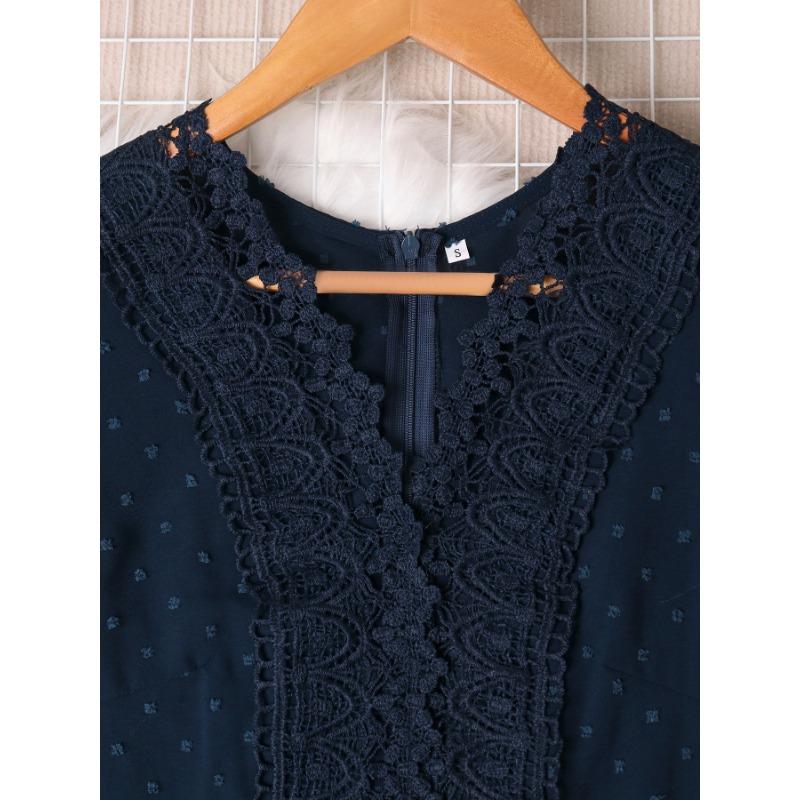 Кружевное кружевное пэчворк плиссированное V-образное декольте с небольшими рукавами-крылышками темпераментное элегантное платье