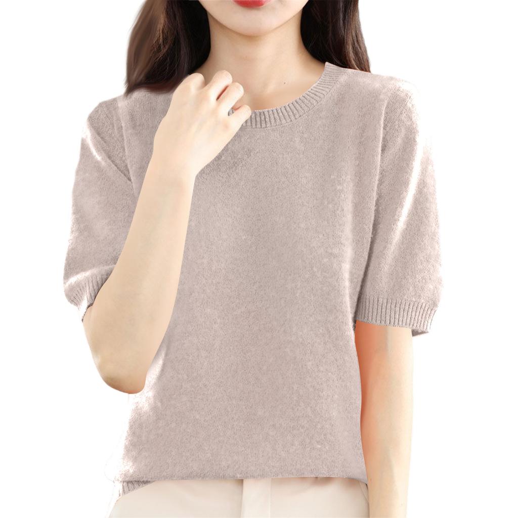 Women's Fashion Wool Knit Half Sleeve Round Neck Solid Colour Bottom Shirt Knitted T-Shirt Top