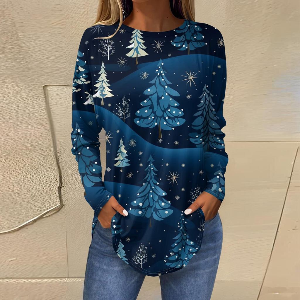Женская свободная футболка с круглым вырезом и длинными рукавами с принтом в стиле ретро, пуловер на Рождество