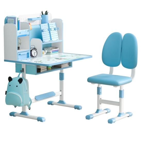 2Pcs/Set Kids Study Desk Chair Set Height Adjustable Study Table Chair Set with Sitting Corrector Ergonomic Desk Chair with Book Stand (Pink, Blue)