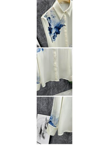 2024 Artistic Ink Wash Oil Print Satin Shirt: Long-Sleeved, Fashionable Temperament Top