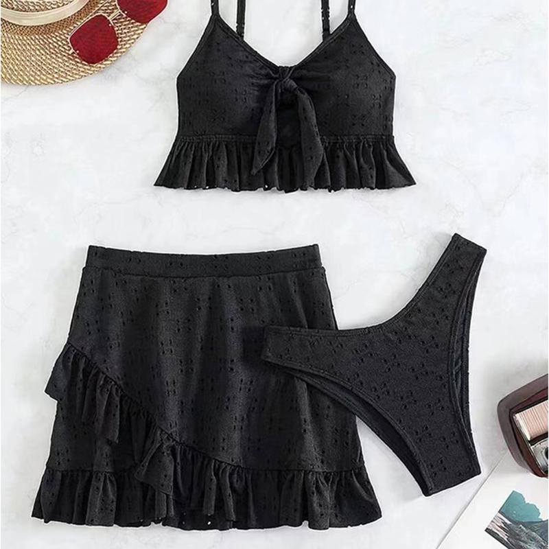 Solid Bikini Set High Waist Mesh Beach Style Swimwear Women Three-piece Flounce Summer Swimsuit Biquini Bathing Suit