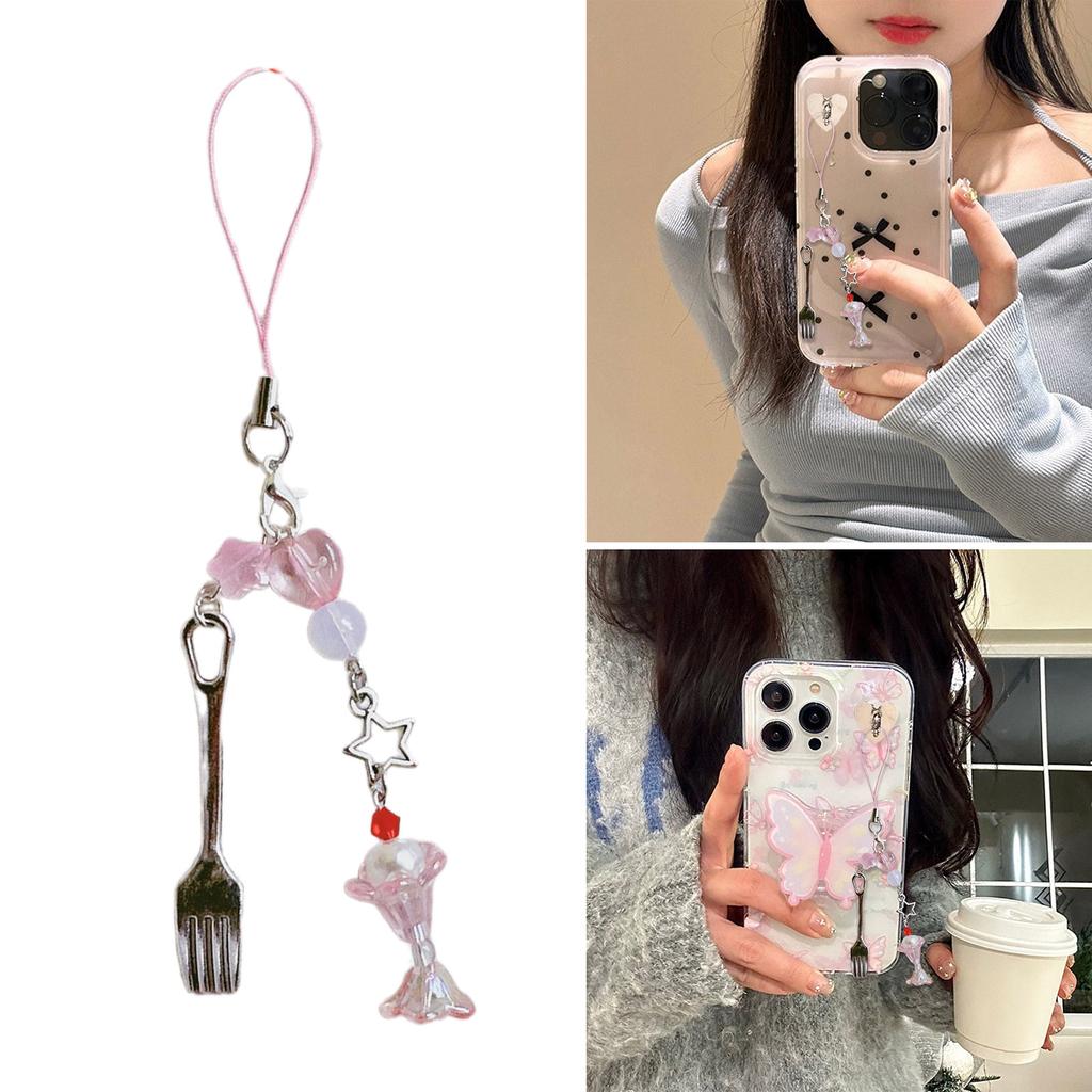 Fashionable Beaded Fork Pendant Phone Charm Unique Heart Flower Keychain Vibrant Beaded Pendant for Cellphone Camera