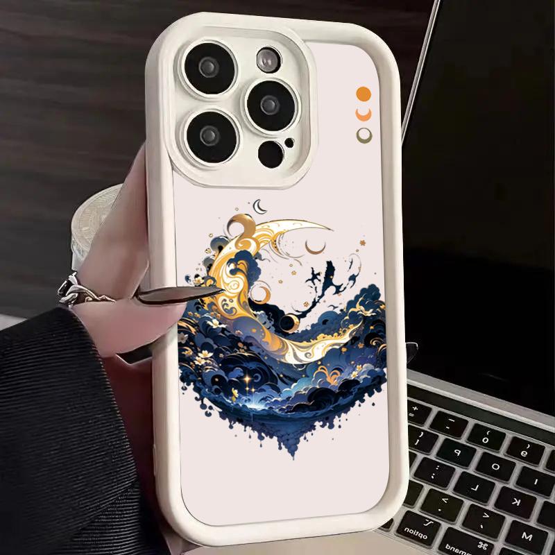 Starry Night Black Cat Moon Wave Silhouette Art Phone Case for iPhone 17 16 15 14 13 12 11 Series Pro Max Plus