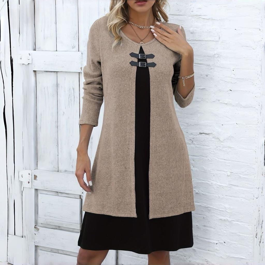 Женское цельное платье с цветными блоками, круглым вырезом, длинными рукавами и застежкой на пуговицы, повседневное элегантное платье