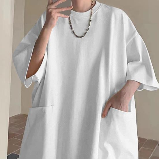 Summer Men T-shirt Round Neck Loose Mid Length Solid Color Plus Size Pockets Half Sleeves Streetwear Outdoor Top