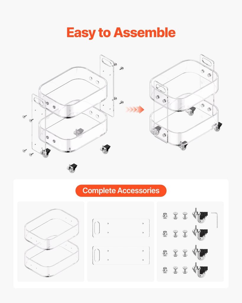 Acrylic Table with Wheels, 2 Tiers Mobile Cart Table, Modern Rolling Acrylic Storage Desk, Clear Nightstand Side End Desk, for Living Room, Bedroom,
