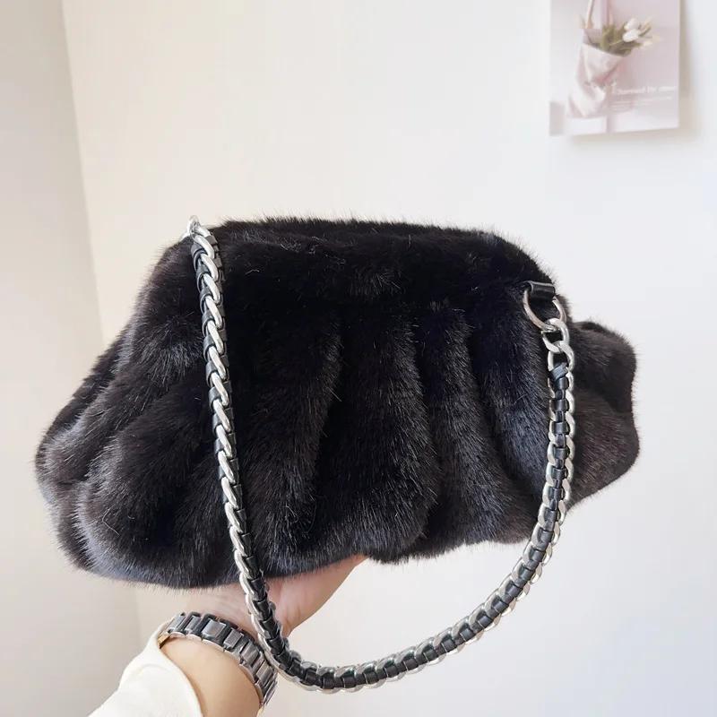 Fluffy Plush Dumpling Bag Faux Fur Bags for Women Handbags Faux Mink Fur Pouch Ruched Shoulder Bag Winter Warm Soft Cloud Clutch