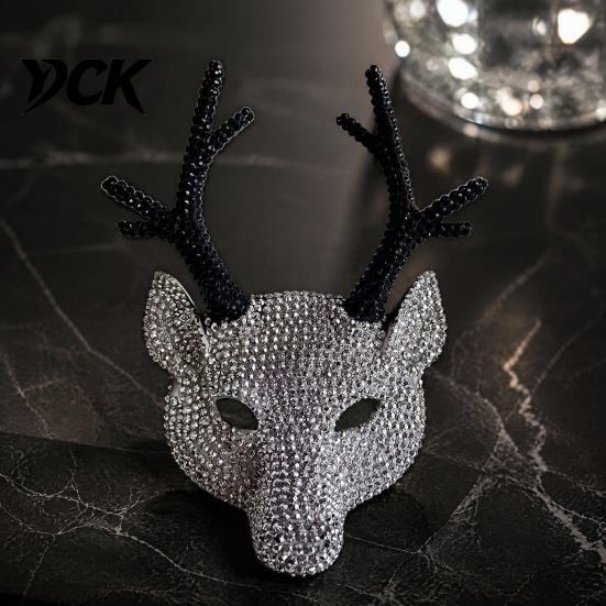 Rhinestone Deer Antler Masque Sparkly Masque, Horror Devil Elk Horns Full Luxury Diamond Party Face Shiny Halloween Costume for Masquerade Half Photo