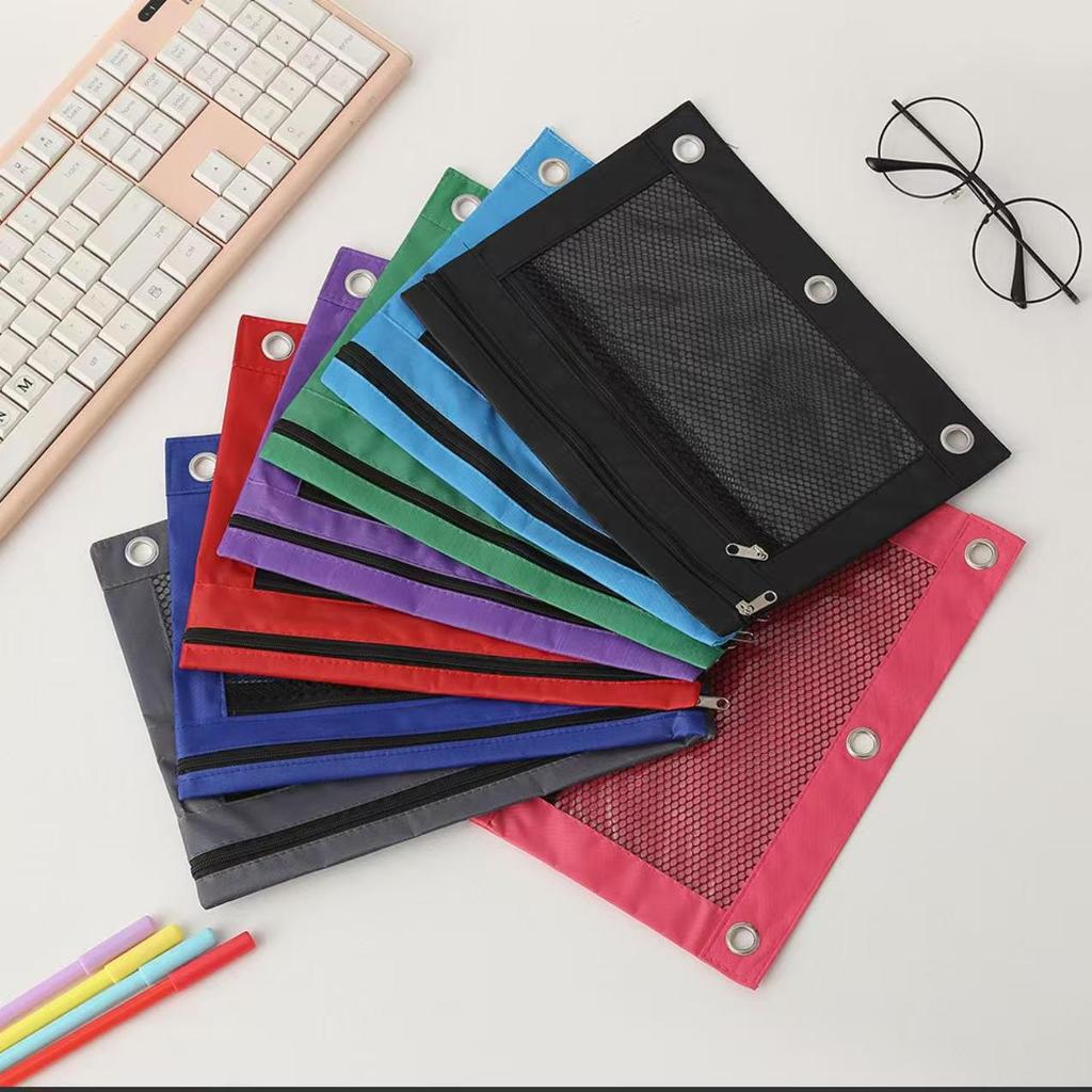 Transparent Three-Hole Pencil Case, Oxford Cloth, Mesh Design, Double Zipper, Waterproof