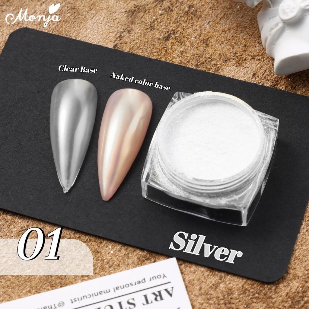 monja Хромированная зеркальная пудра для ногтей, лунный свет, белая жемчужная пудра, блестки для ногтей, пигмент для втирания, яркий блестящий эффект, украшение для маникюра