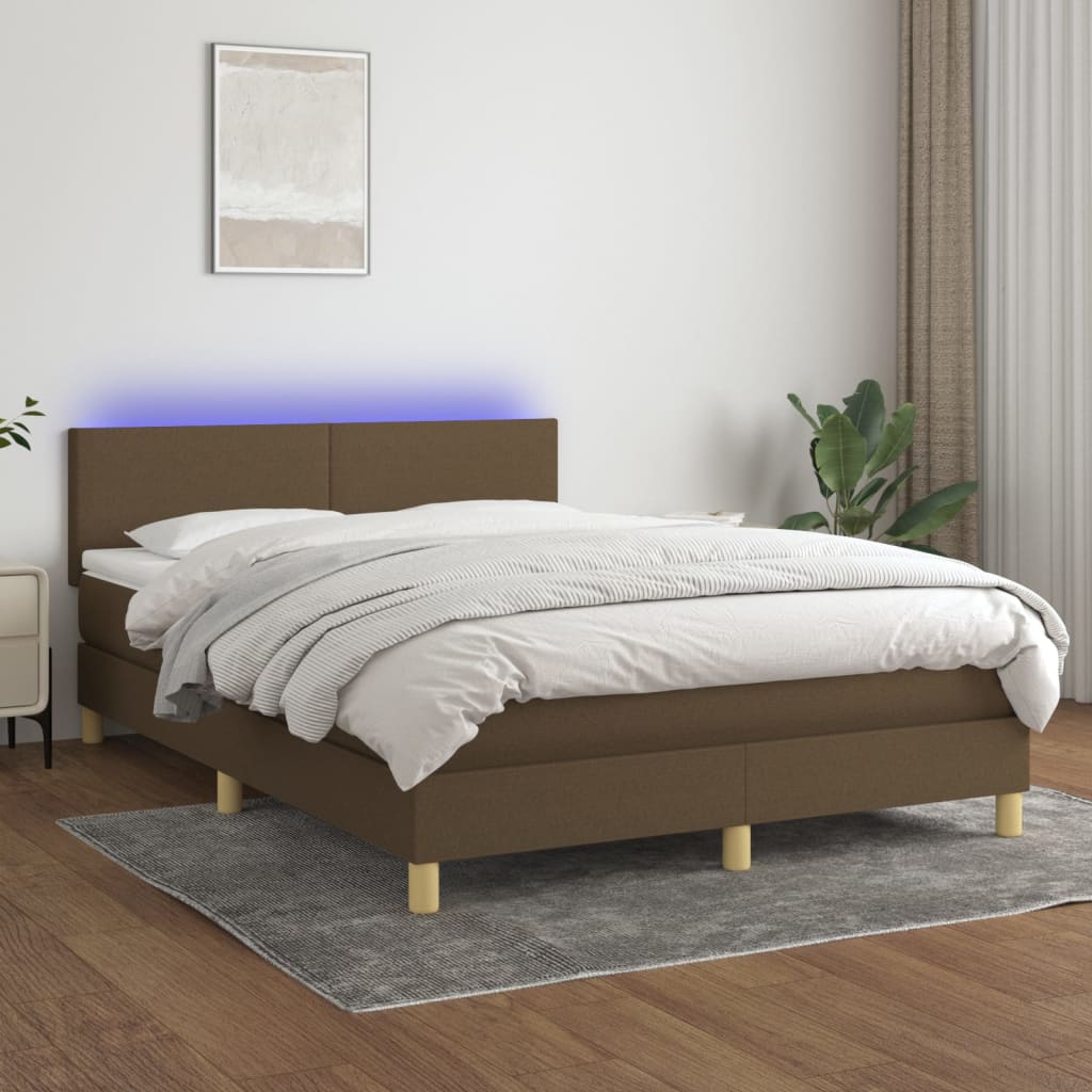 Box Spring Bed with Mattress & LED Dark Brown 140x190 cm Fabric