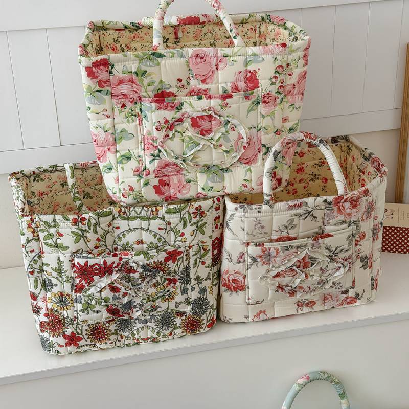 Large Flower Pattern Storage Basket With Foldable Cotton Construction For Home Organization