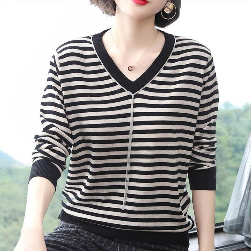 Women's Spring and Fall Plus Size Knit Sweater Middle-aged Mother Thin Lapel Bottoming Shirt