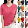 Women's Fashion Loose Knit Sweater Bottom Shirt V-Neck Pullover Short Sleeve Solid Color Top
