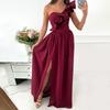 Lady Evening Dress One Shoulder Sleeveless Split Hem Solid Color Ruffle Pleated Solid Color Off Shoulder Prom Cocktail Party Maxi Dress Ball Gown
