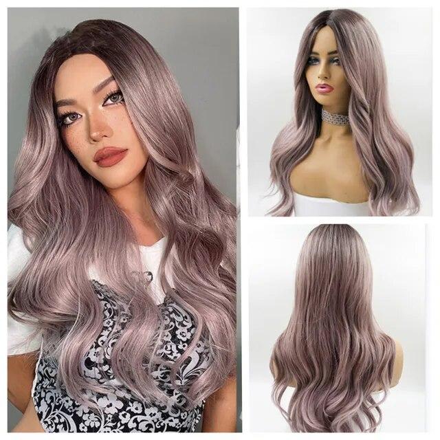 Длинные коричневые синтетические парики с эффектом омбре для женщин, волнистые парики из натуральных волос, средняя часть, женский парик, косплей, термостойкие волокна, парики