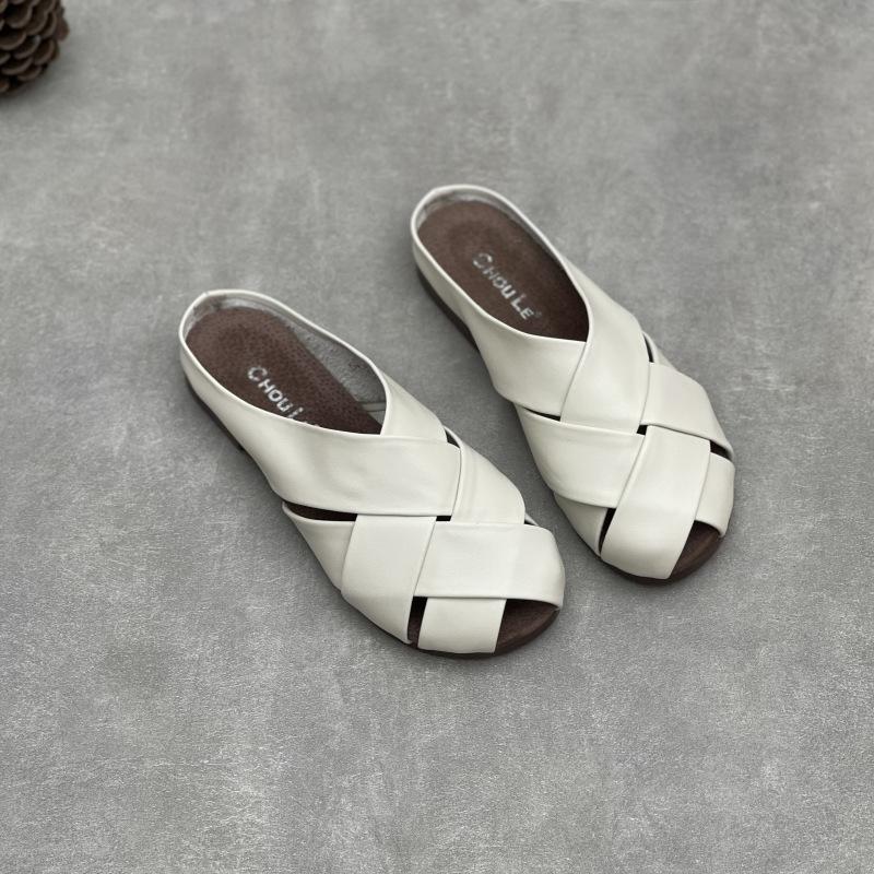 Johnature Тапочки из натуральной кожи с круглым носком, женская обувь, повседневные уличные шлепанцы, удобные тапочки на плоской подошве