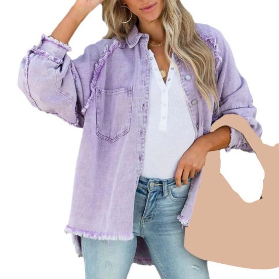 Женская джинсовая куртка с отложным воротником и пуговицами на подоле с бахромой, большой карман, однотонный, свободный, негабаритный, женское пальто средней длины, уличная одежда